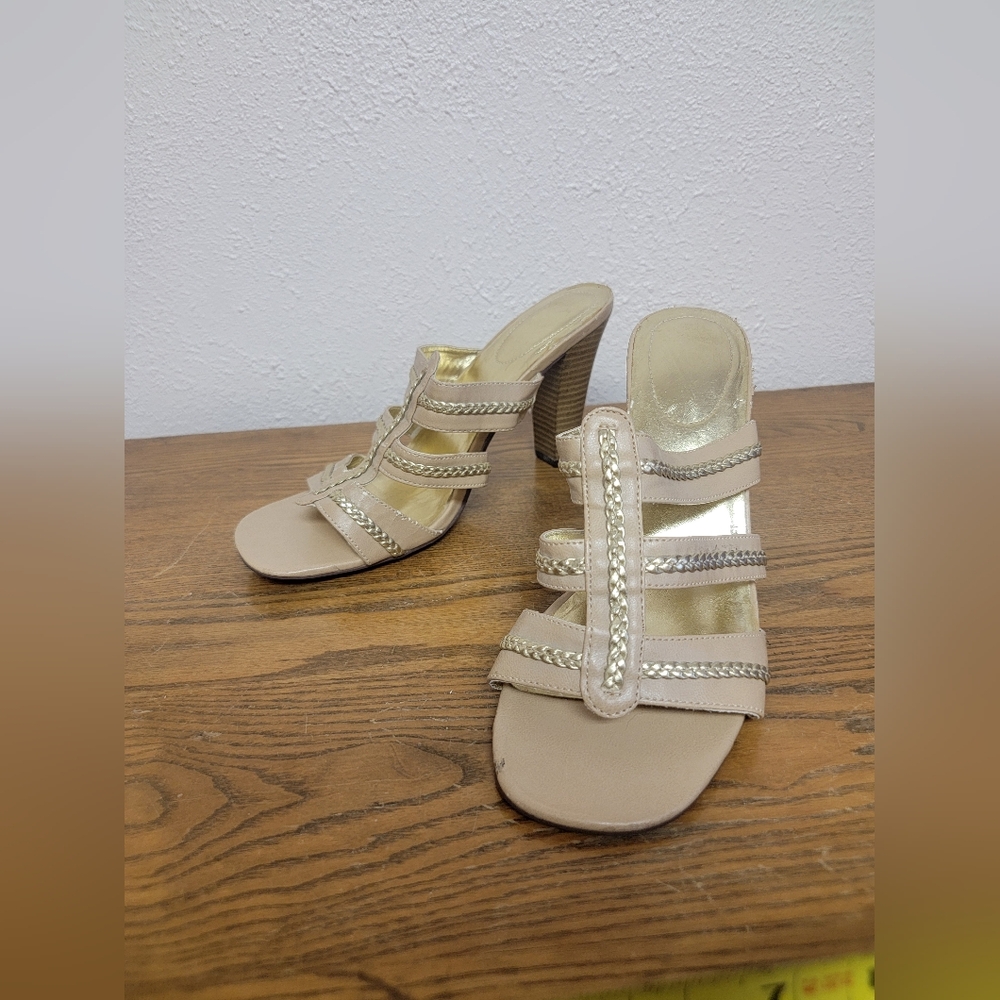 #9 Tan Slide-On Sandals with Block Heel & Gold Accents 10